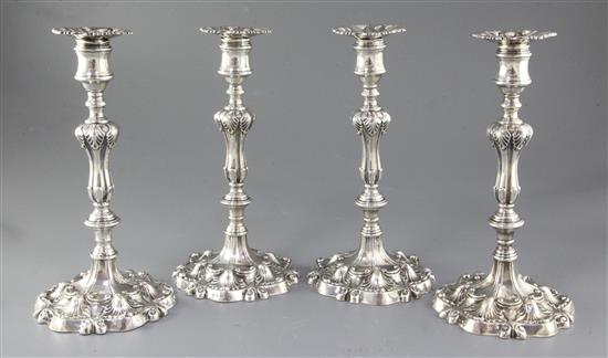 A set of four early Victorian silver candlesticks, by T.J. & N. Creswick, Height 277mm.